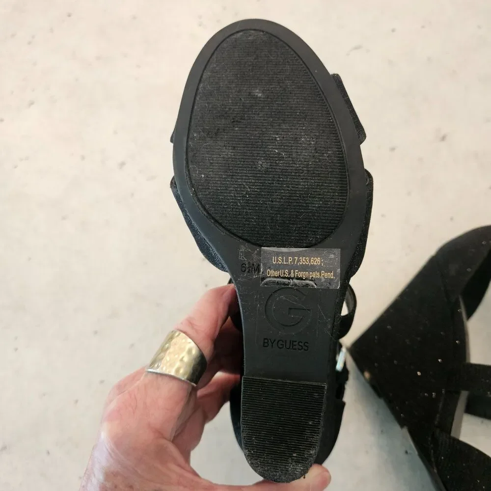 G by Guess Black Glimmer fabric Peep-Toe Wedge Sandals Strappy Night Out Glitter